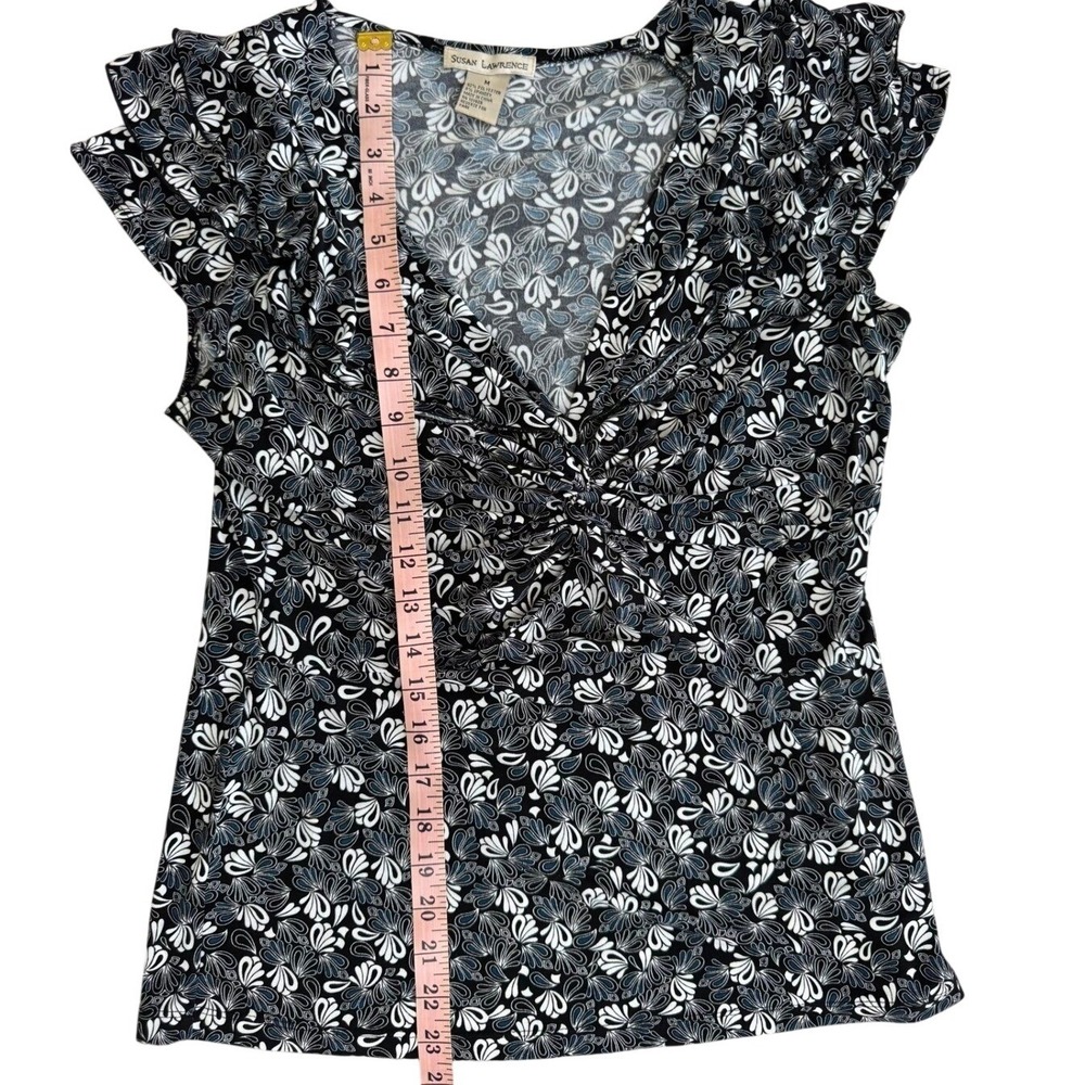 Susan Lawrence Womens Cap Sleeve V-Neck Twist Front Floral Paisley Top‎ Black M - Picture 4 of 7